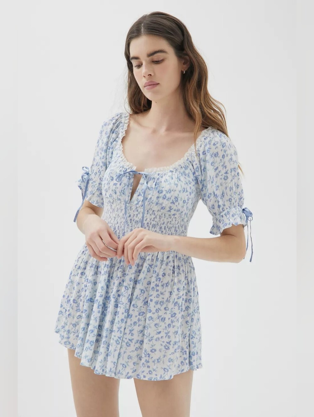 Urban Outfitters Light Blue Floral Lace-Trim Romper